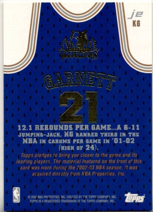 Kevin Garnett 2002-03 Topps Jersey Edition Authentic Game Worn NBA Road Jersey Card K6