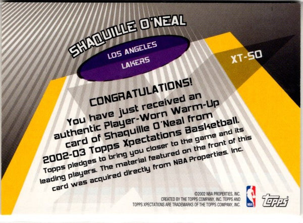 Shaquille O'Neal 2002-03 Topps Xpectations Xtra Threads Authentic Game Worn NBA Warm-Up Jersey Card #XT-50