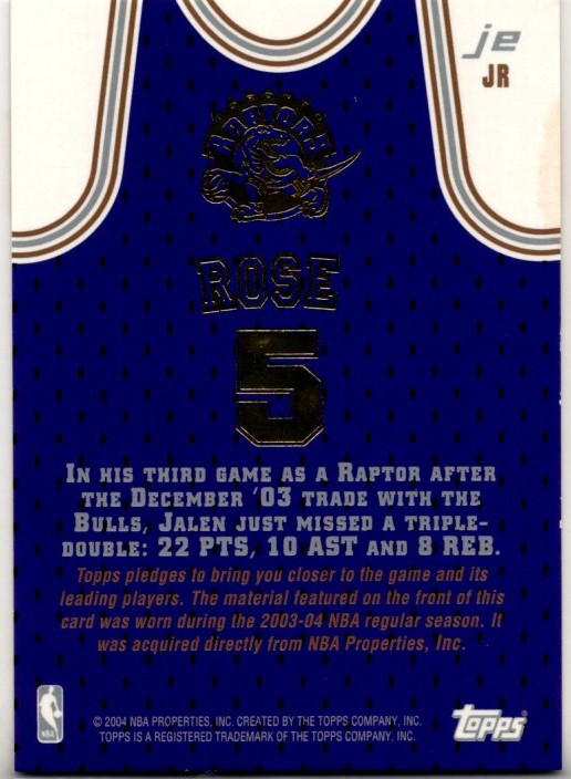 Jalen Rose 2003-04 Topps Authentic Game Worn NBA Jersey Card #JR
