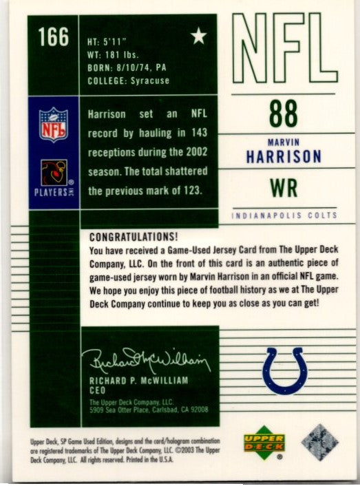 Marvin Harrison 2003 Upper Deck SP Game Used Edition Jersey Card #166