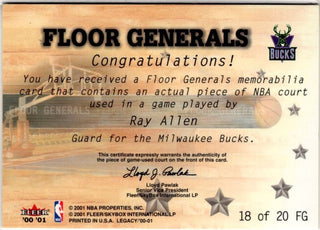 Ray Allen 2000-01 Fleer Legacy Floor Generals Game Used Floor Relic Card # 18 of 20