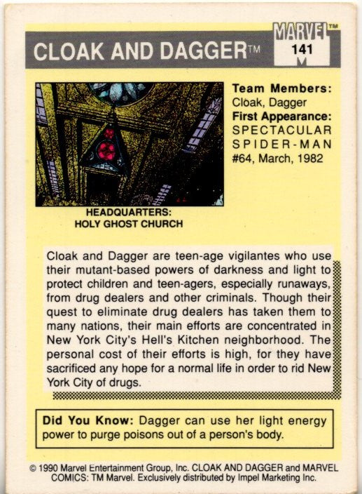 Cloak & Dagger 1990 Marvel Team Picture Card #141