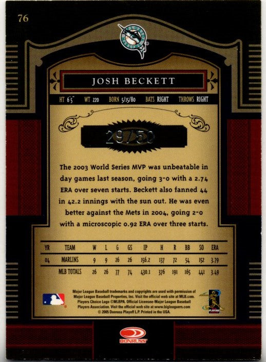 Josh Beckett 2005 Donruss Timeless Treasures Card #76 29/50