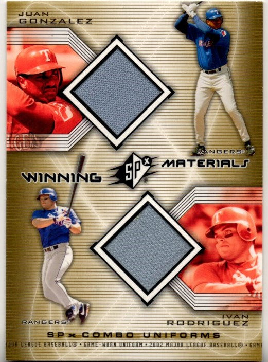 Juan Gonzalez & Ivan Rodriguez 2002 Upper Deck SPx Winning Materials Combo Uniform Patch Card #WM-GR