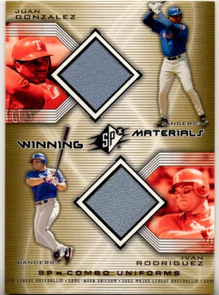 Juan Gonzalez & Ivan Rodriguez 2002 Upper Deck SPx Winning Materials Combo Uniform Patch Card #WM-GR
