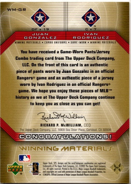 Juan Gonzalez & Ivan Rodriguez 2002 Upper Deck SPx Winning Materials Combo Uniform Patch Card #WM-GR
