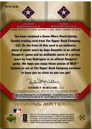 Juan Gonzalez & Ivan Rodriguez 2002 Upper Deck SPx Winning Materials Combo Uniform Patch Card #WM-GR