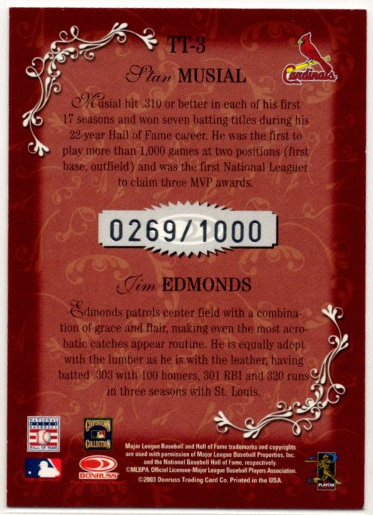 Stan Musial & Jim Edmonds 2003 Donruss Diamond Kings Team Timeline Card #TT-3 269/100