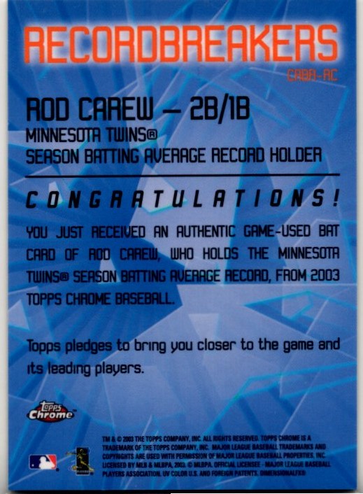 Rod Carew 2003 Topps Chrome Record Breakers Authentic Game Used Bat Relic Card #CRBR-RC2