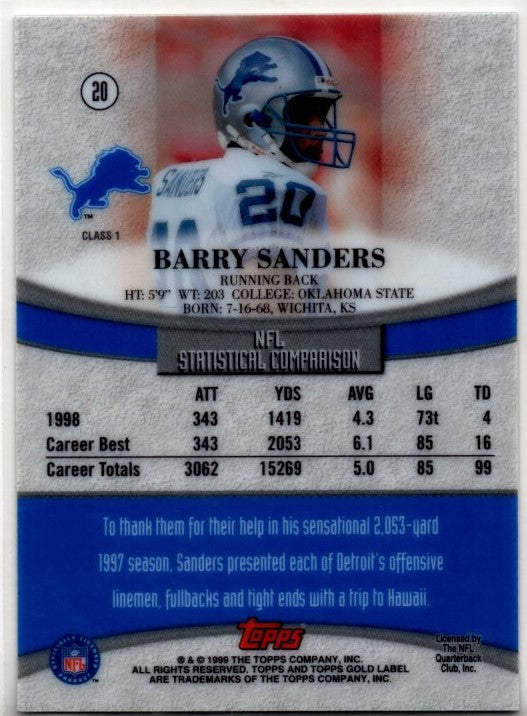 Barry Sander 1999 Topps Gold Labels Class 1 Card #20