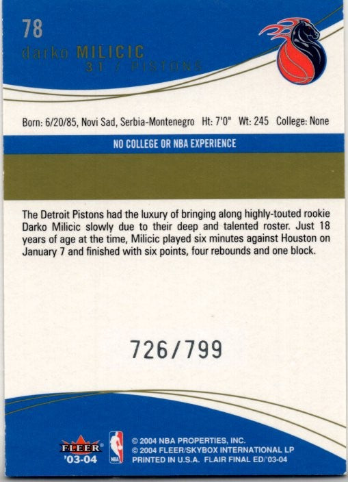 Darko Milcic 2003 Fleer Flair Final Edition Rookie Class Card #78 726/799