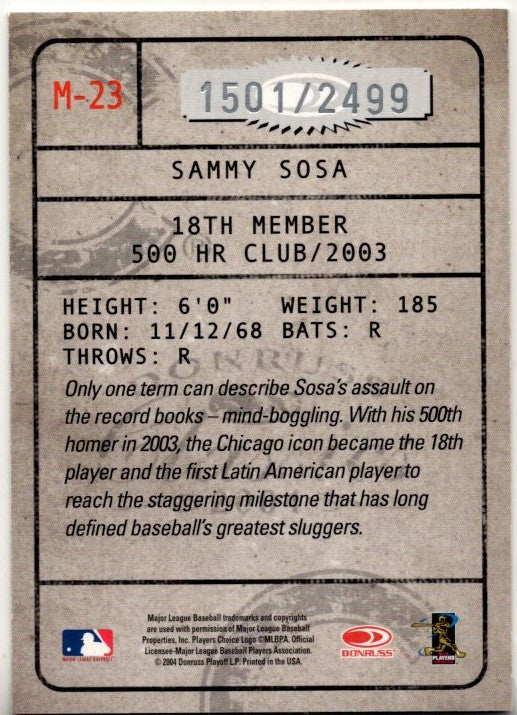 Sammy Sosa 2004 Donruss Classics Membership Card #M-23 1501/2499
