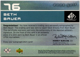 Beth Bauer 2003 Upper Deck SPx First Tee Relic and Autographed Card #76 37/1500