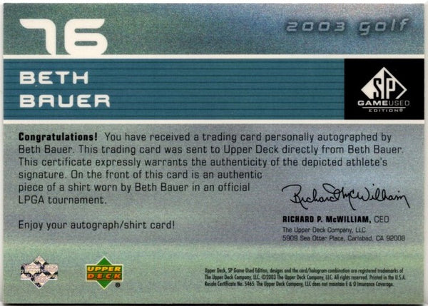 Beth Bauer 2003 Upper Deck SPx First Tee Relic and Autographed Card #76 37/1500