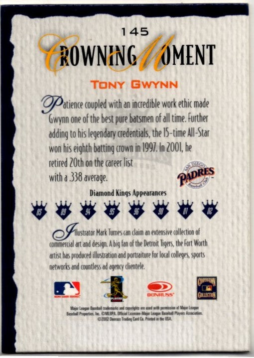 Tony Gwynn 2002 Donruss Diamond Kings Crowning Moment Card #145