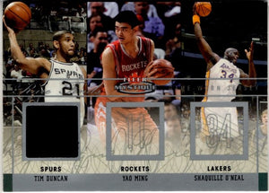 Tim Duncan, Yao Ming, Shaquillie O'Neal 2003 Fleer Mystique Rare Game Worn Jersey Card #RF-TD