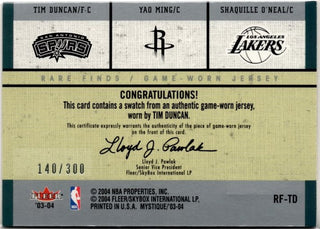Tim Duncan, Yao Ming, Shaquillie O'Neal 2003 Fleer Mystique Rare Game Worn Jersey Card #RF-TD