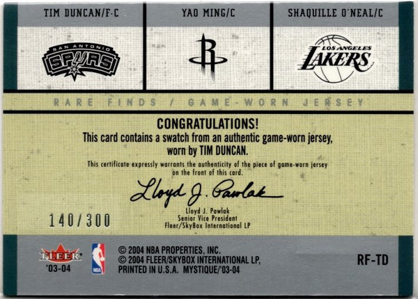 Tim Duncan, Yao Ming, Shaquillie O'Neal 2003 Fleer Mystique Rare Game Worn Jersey Card #RF-TD
