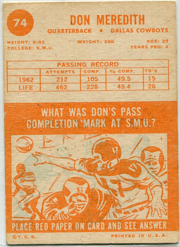 Don Meredith 1963 Topps Card #74