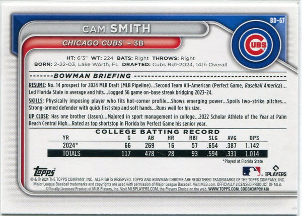 Cam Smith 2024 Bowman Prospects RC #BP-67