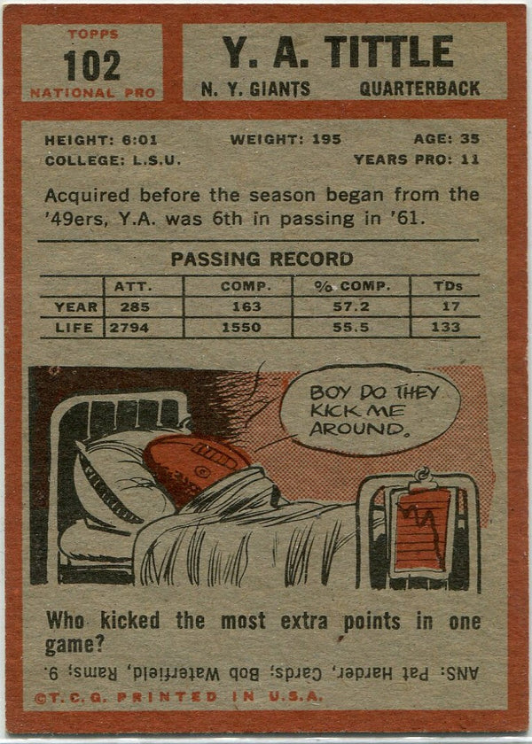 YA Tittle 1962 Topps Card #102