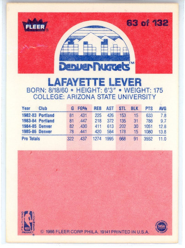 Lafayette Lever 1986 Fleer Card #63