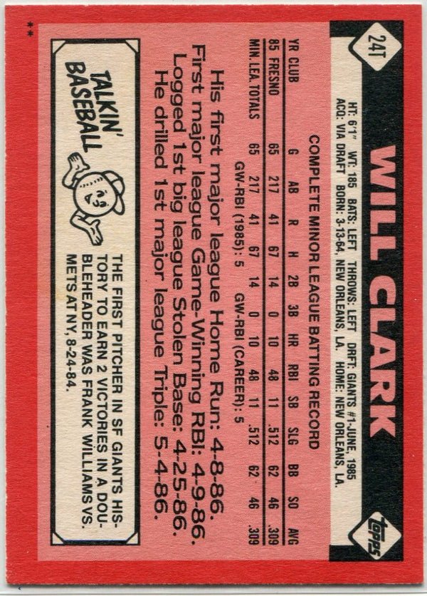 Will Clark 1986 Topps Traded Autographed RC #24T
