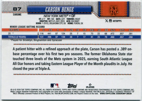 Carson Benge 2026 Topps Chrome Pink Refractor RC #87 46/250