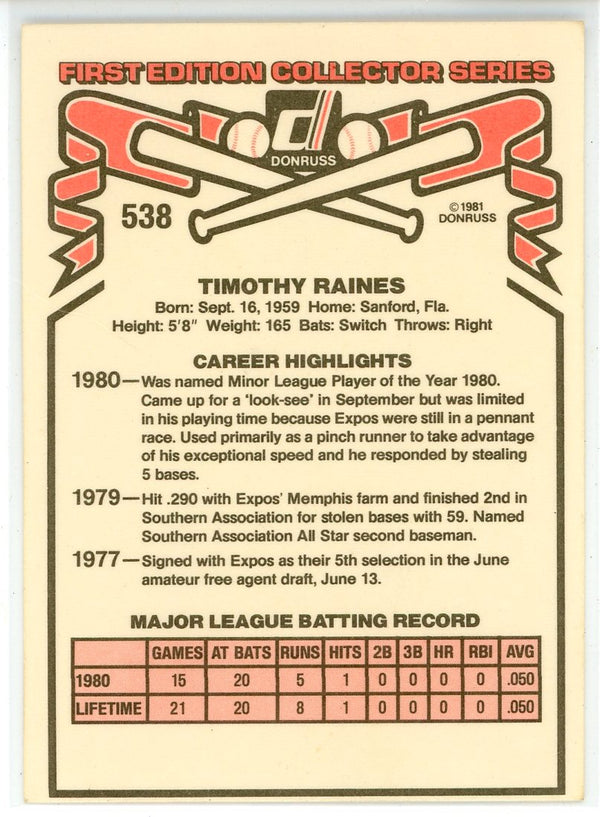 Tim Raines 1981 Donruss Rookie Card #538