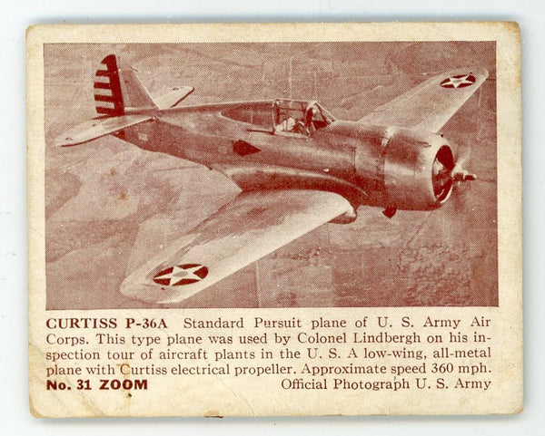 Curtiss P-36A #31 Zoom Photograph U.S. Army Card