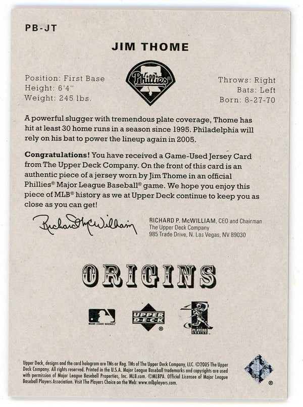 Jim Thome 2005 Upper Deck Origins Patch Relic #PB-JT