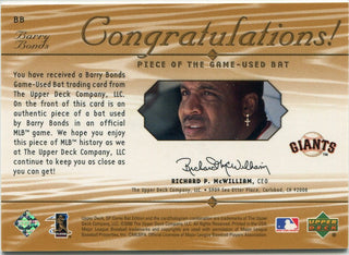 Barry Bonds 2000 Upper Deck SP Game Used Bat Card #BB