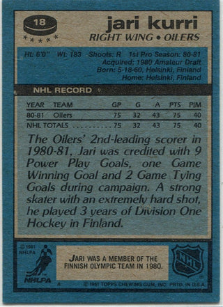Jari Kurri 1981 - 1982 Topps RC #18