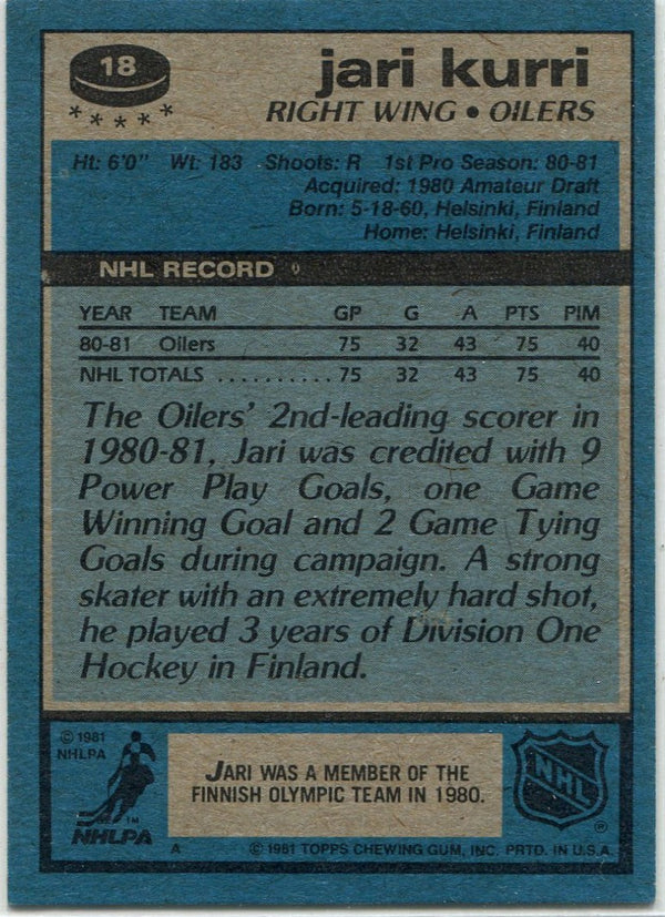 Jari Kurri 1981 - 1982 Topps RC #18