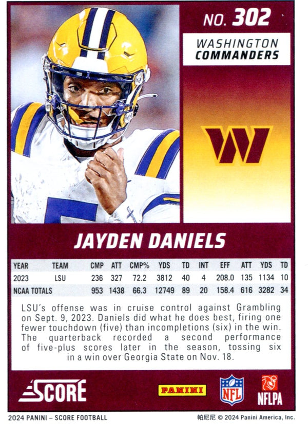 Jayden Daniels 2024 Panini Score Rookie Card #302