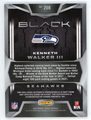 Kenneth Walker III Autographed 2022 Panini Black Patch Relic Card #208