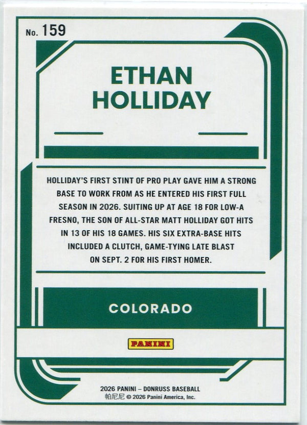 Ethan Holliday 2026 Panini Donruss Rated Prospect RC #159
