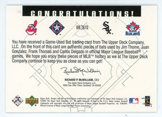 Jim Thome, Frank Thomas, Juan Gonzalez & Carlos Delgado 2002 Upper Deck Quad Relic Game-Used Bat Card