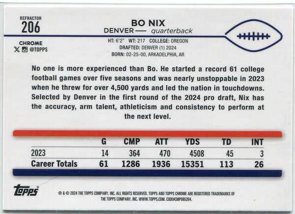 Bo Nix 2024 Topps Chrome Refractor RC #206