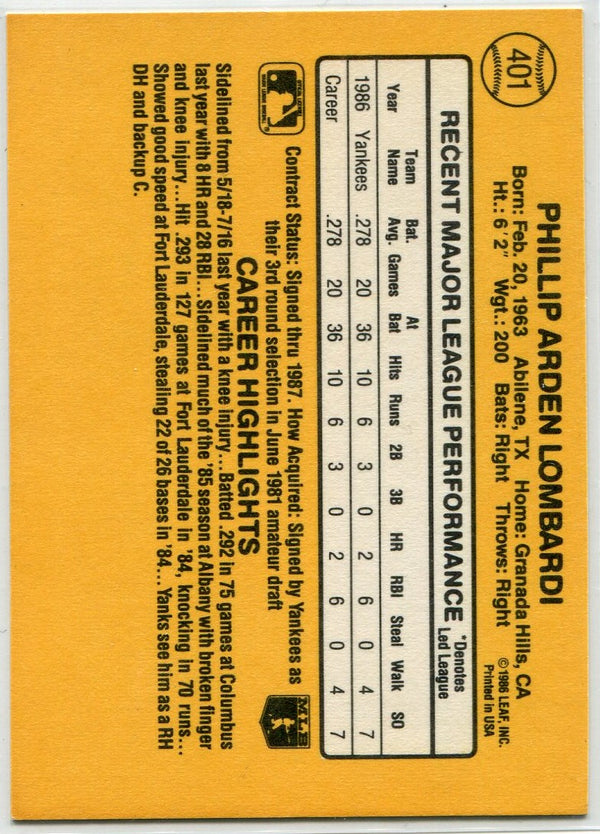 Phil Lombardi 1987 Donruss Autograph Card