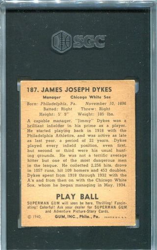 Jimmy Dykes 1940 Playball #187 Card SGC 2.5