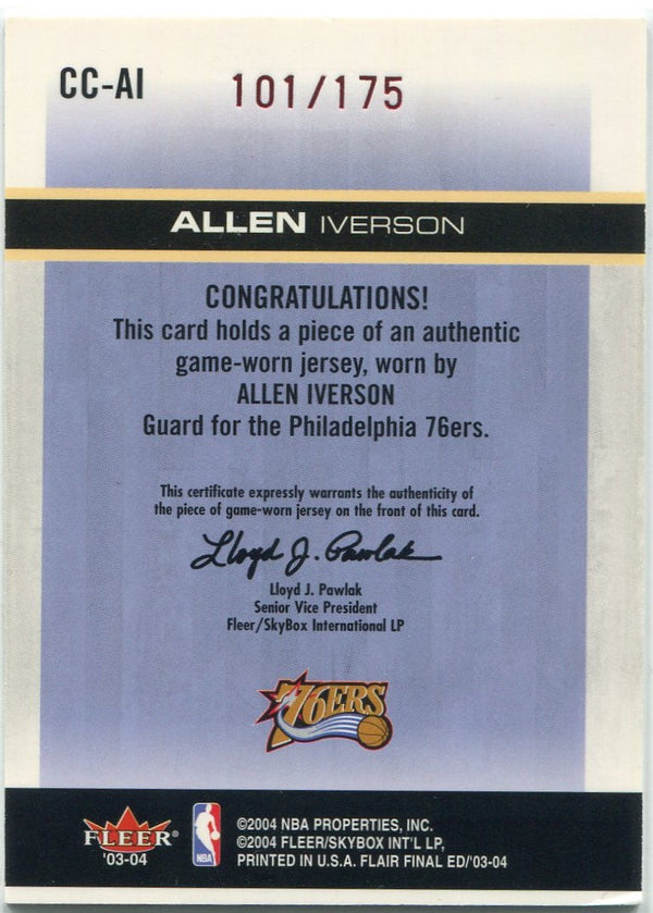 Allen Iverson 2003 - 2004 Fleer Flair Final Edition Courtside Cuts Jersey Red Parallel Card #CC-AI 101/175