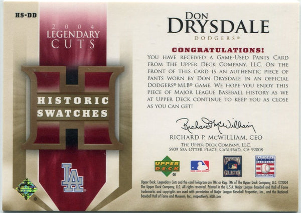 Don Drysdale 2004 Upper Deck SP Legendary Cuts Historic Swatches Pants Relic Card #HS-DD