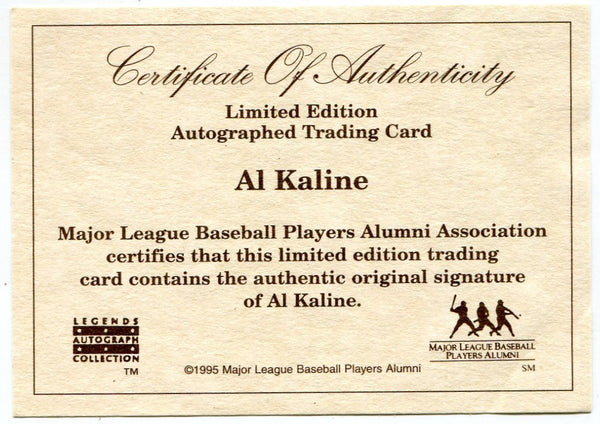 Al Kaline 1995 Legends Autograph Collection AUTO Card With COA