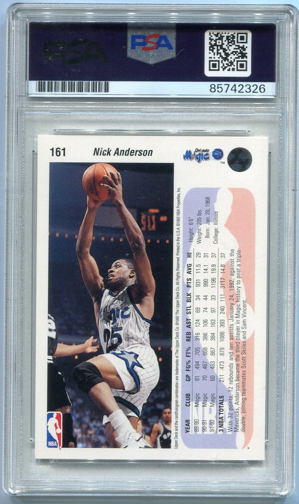 Nick Anderson 1992 - 1993 Upper Deck Autographed Card #161 PSA/DNA Certified Graded 10