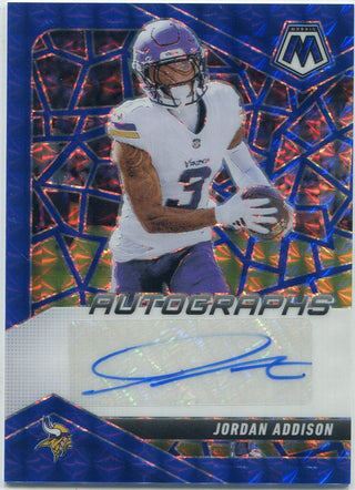 Jordan Addison 2025 Panini Mosaic Autographed Blue Prizm Card #AMC-JAN 27/99