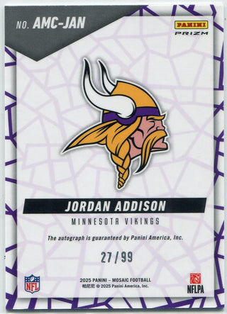 Jordan Addison 2025 Panini Mosaic Autographed Blue Prizm Card #AMC-JAN 27/99