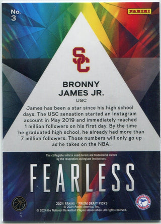 Bronny James Jr 2024 Panini Prizm Draft Picks Fearless RC #3