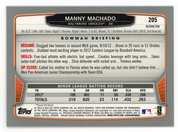 Manny Machado 2013 Topps Bowman Chrome Green Refractor #205 Card