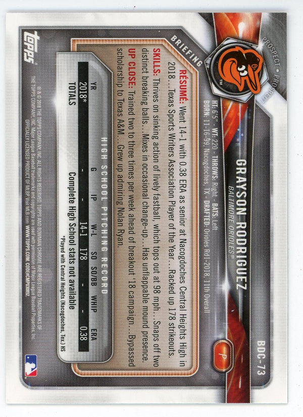 Grayson Rodriguez 2018 Topps Chrome Bowman Card #BDC-73